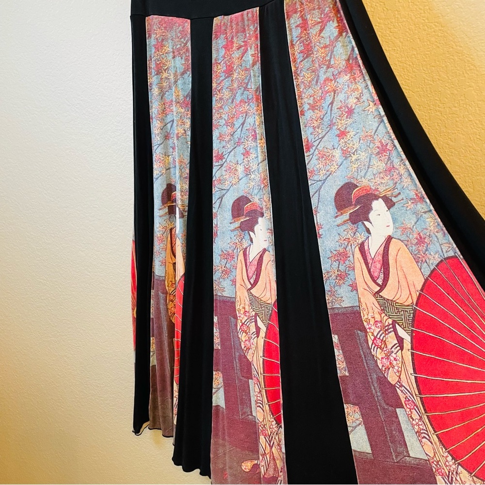 Eastern Serenity Black Red Geisha Print Flowy Stretchy Maxi Skirt | Medium - Picture 5 of 8